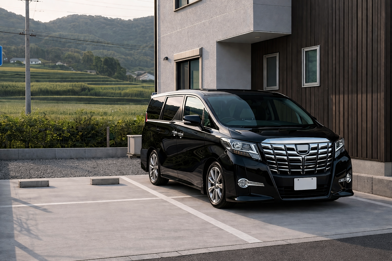 住宅の駐車場に駐車された黒いミニバン