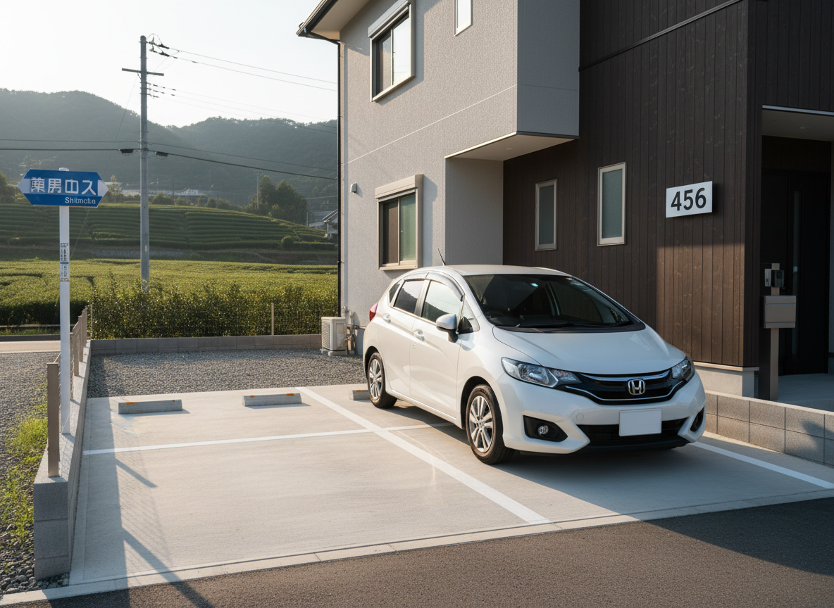 A modest yet modern parking space beside a low two-story house typical of Shizuoka’s residential areas, with a single white compact car parked squarely in a clearly marked space bordered by low concrete blocks. A small blue street sign and a distant view of green tea fields subtly hint at the Shizuoka region. The concrete ground is clean, with freshly painted white lines and a visible house number plate on the wall. The scene is captured in warm late-afternoon sunlight, casting long, gentle shadows and creating a serene, orderly atmosphere. Photographic realism, slightly elevated angle with balanced composition, emphasizing secure, legitimate parking suitable for 車庫証明.