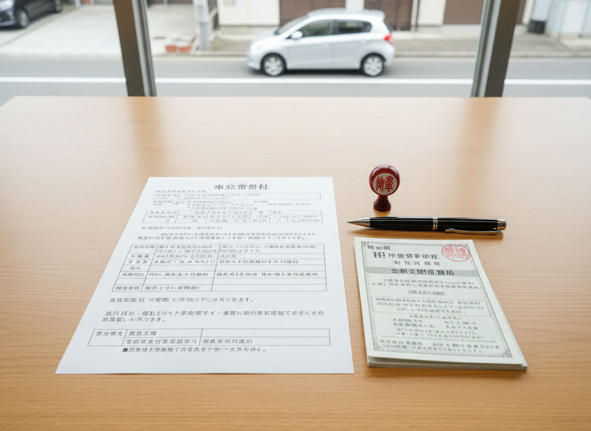 A close-up of a 車庫証明 application form meticulously filled out in neat Japanese characters, lying on a light wood office desk in a tidy administrative workspace. Beside the form are an ink stamp, a high-quality black ballpoint pen, and a small stack of neatly aligned car registration papers. In the background, slightly out of focus, a window reveals a glimpse of a Shizuoka suburban street with a parked compact car. The scene is lit by soft, diffused daylight from the window, creating a bright yet calm mood. Photographic realism, overhead angle, clean and modern composition to convey professionalism and precision in paperwork handling.