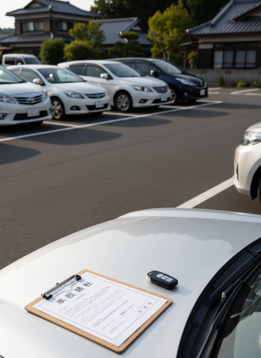 A neatly organized parking lot in a quiet Shizuoka residential neighborhood, filled with a few clean, modern passenger cars of neutral colors such as white, silver, and navy blue, each parked precisely within clearly painted white lines. In the foreground, a crisp, newly printed 車庫証明 document rests on a smooth wooden clipboard placed on the hood of a silver sedan, with a black key fob beside it. Soft late-morning natural light illuminates the scene, creating gentle shadows and a calm, professional atmosphere. Photographic realism at eye-level, with a slight depth of field blurring distant houses and greenery, emphasizing reliability, order, and trustworthiness for vehicle procedure services.